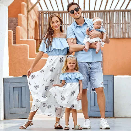 Vista 2 de PopReal Familia a juego Trajes Mamá y Me Vestidos Floral Impreso Hombres Chico Camisa Chica Mameluco