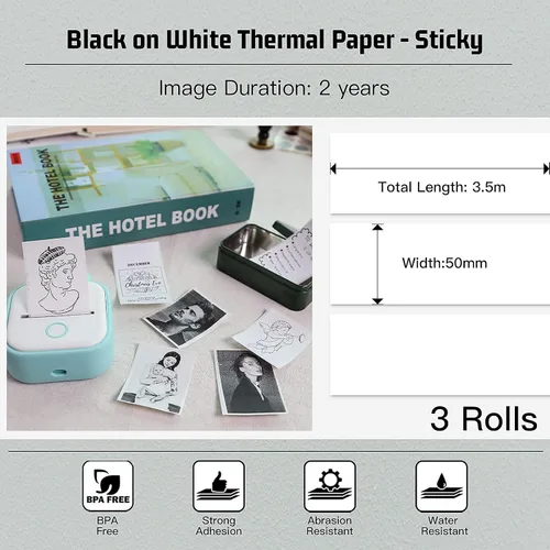 Vista 6 de Memoking T02 - Impresora térmica Bluetooth de bolsillo con papel térmico blanco, adhesivo de 2 años, 1.969 in x 11.5 ft, compatible con iOS y Android