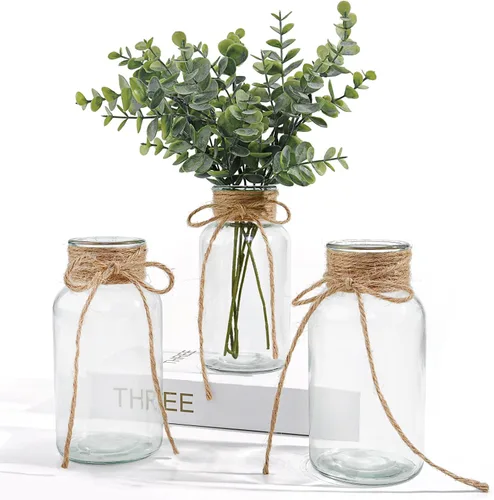 Vista 12 de Jarrones de vidrio vintage para flores, juego de 3 jarrones transparentes para centro de mesa de boda estilo granja, botella cilíndrica