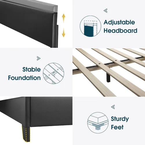 Vista 4 de WEEWAY Base de cama de plataforma tapizada completa con cabecero ajustable y listones de madera fuertes, base de colchón resistente, no necesita