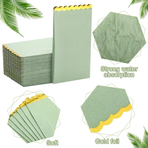 Vista 3 de Panelee 100 servilletas de papel verde salvia con borde festoneado dorado y bordes festoneados, toallas de mano desechables verdes para boda