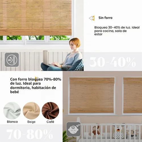 Vista 3 de Persianas romanas de bambú, sin cordón, de nogal personalizado, opacas, oscurecimiento de la habitación, persianas de madera tejida, persianas
