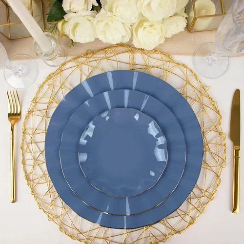 Vista 193 de Tableclothsfactory Paquete de 10 platos redondos de plástico negro de 6 pulgadas para ensalada de postre, platos desechables con borde ondulado