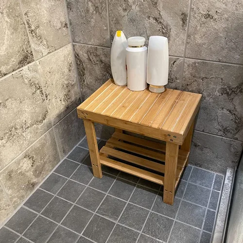 Vista 7 de HOIGON Paquete de 2 taburetes de ducha de bambú de 13 pulgadas, taburete de madera con carcasa de almacenamiento, taburetes antideslizantes