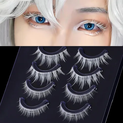 Vista 12 de Pestañas Postizas Blancas de Halloween Herramientas de Extensión de Pestañas Blancas para Ojos Anime Cosplay Maquillaje de Aspecto Natural Pestañas