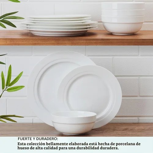 Vista 5 de Mikasa Bentlee Bone China - Juego de vajilla ligera de 12 piezas resistente a las astillas, servicio para 4, color blanco