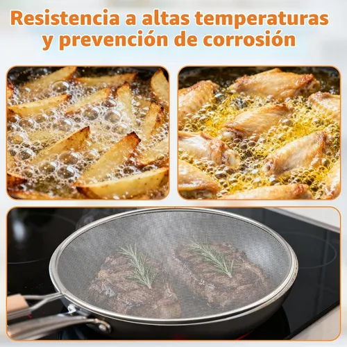 Vista 4 de Pantalla contra salpicaduras de grasa para sartén, malla de protección contra salpicaduras de acero inoxidable de 8 pulgadas con mango de madera