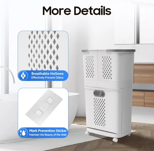 Vista 8 de Cesta de lavandería con ruedas extraíbles, herramienta de lavandería de 3 niveles para baño, sala de estar, dormitorio, de pie, grande, de mano
