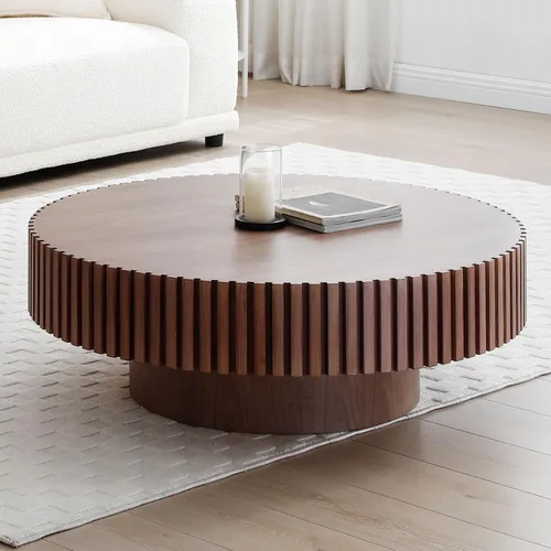 Vista 15 de Mesa de café redonda de 80 cm en madera, mesa de café circular moderna y única, mesa auxiliar contemporánea de roble con forma de tambor y acento