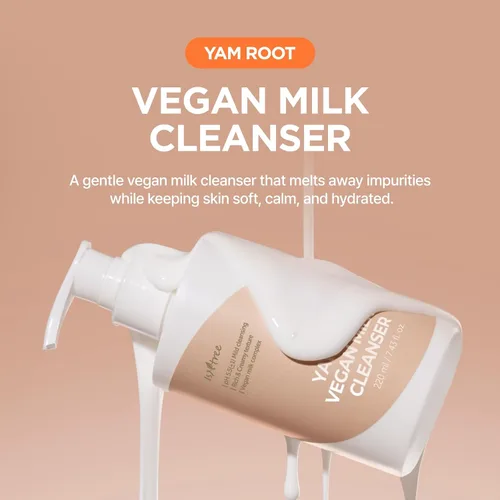 Vista 2 de IsNtree Yam Root Vegan Milk Cleanser 220ml, 7.43 fl.oz Limpiador facial coreano para pieles sensibles Textura rica y cremosa Hidratante