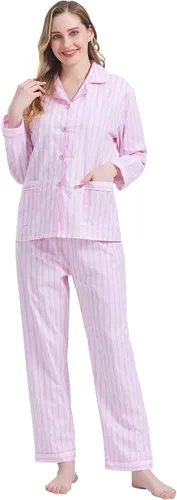 Vista 5 de Amaxer Conjunto de pijama 100% algodón para mujer, de manga larga, suave, con botones, con cordón elástico