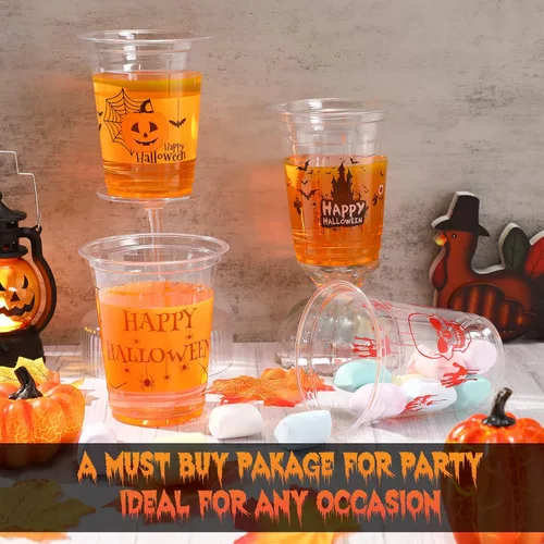Vista 7 de CHENGU Vasos de plástico transparente desechables para fiesta de Halloween, vasos de plástico transparente impresos para decoración de fiestas