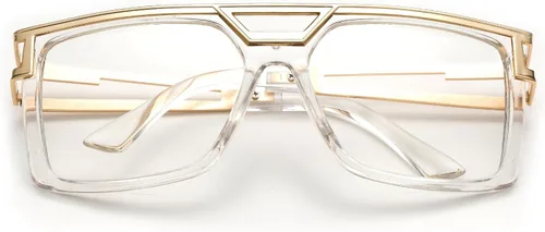 Vista 2 de Newbee Fashion - Lentes transparentes con lentes cuadrados, Marco grueso, Diseño largo de rapero de los 80's y 90's, Hip Hop retro
