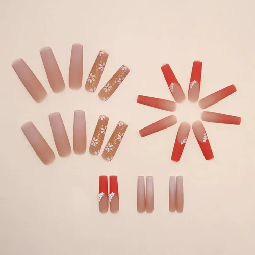 Vista 3 de IMSOHOT Uñas postizas, acrílicas de color naranja mate, puntas francesas cuadradas, 24 unidades, uñas extra largas con pegamento con bonitos diseños