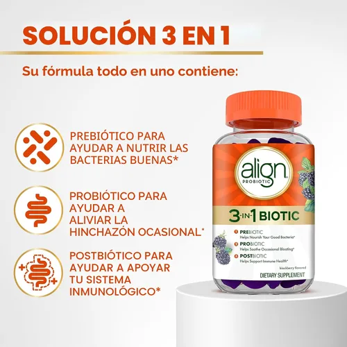 Vista 2 de Align Probióticos, gomitas bióticas 3 en 1, prebióticos + probióticos + postbióticos, marca de probióticos número 1 recomendada por médicos‡, ayuda