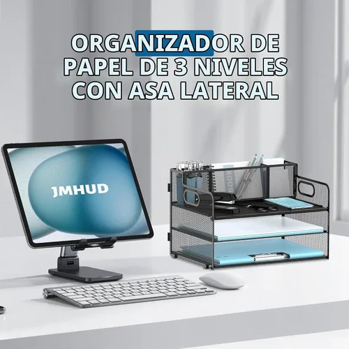 Vista 2 de Organizador de escritorio de 3 niveles con soporte para bolígrafo, bandejas Negro