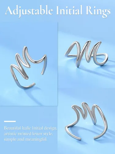 Vista 5 de SILVERCUTE Anillos con iniciales S925, tamaño ajustable 6-12, letra del alfabeto A-Z, joyería personalizada con iniciales trenzadas, anillos