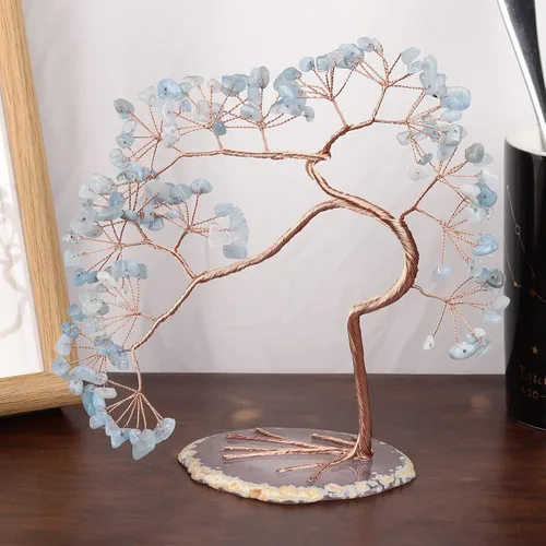 Vista 3 de rockcloud Árbol de dinero de cristal aguamarina con base de ágata, árbol bonsái de Feng Shui de la suerte para decoración de oficina y hogar