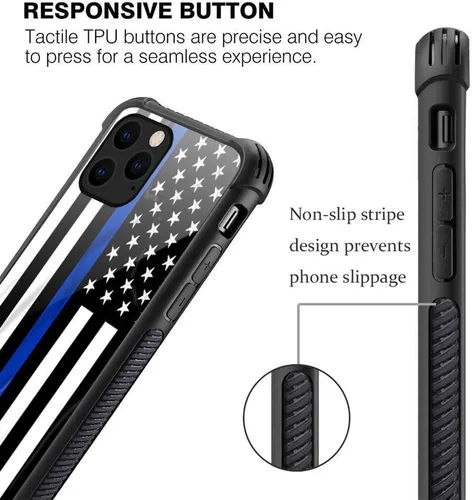Vista 5 de ZHEGAILIAN Funda compatible con iPhone 12 Pro Max, funda de bandera estadounidense de línea azul, parte trasera de vidrio templado + funda Blue Line