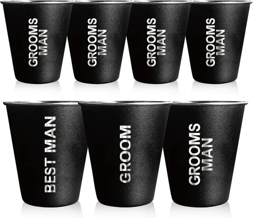 Vista 10 de PartyGifts&beyond 7 vasos de chupito para padrinos de boda para despedida de soltero y día de boda, vasos de chupito de acero inoxidable de 2 onzas