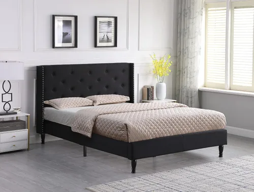 Vista 3 de Base de cama de plataforma tapizada Queen con cabecera de 45 pulgadas y base ajustable, cama de lino con botones copetudos, soporte de listones