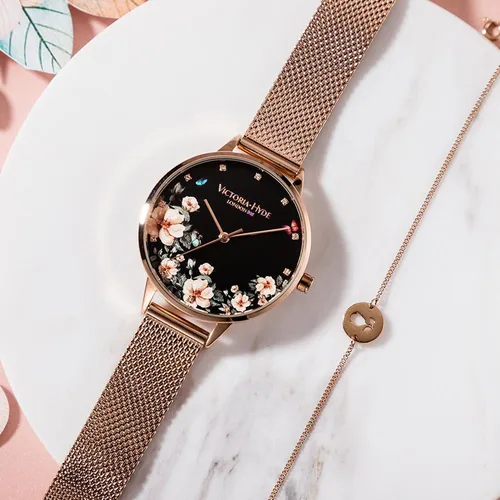 Vista 8 de VICTORIA HYDE Relojes de cuarzo para mujer, esfera floral con correa de malla de acero inoxidable, correa de cuero auténtico, impermeable, reloj