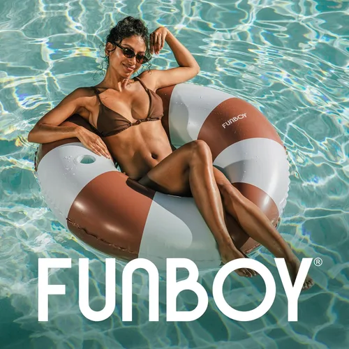 Vista 6 de FUNBOY Flotador de piscina vintage de 46 pulgadas a rayas marrones y azules con soporte para tazas