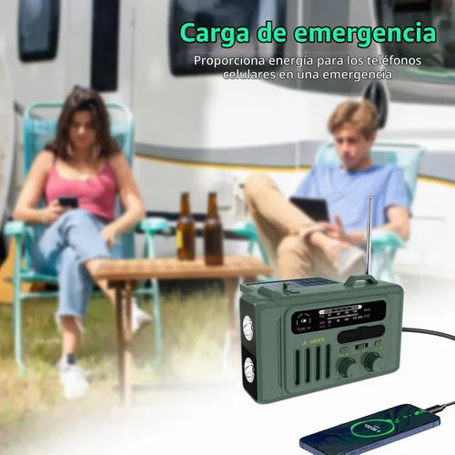 Vista 6 de Radio solar de emergencia con manivela, NOAA/AM/FM con linterna LED y lámpara de lectura, USB tipo C/carga solar/manivela, altavoz Bluetooth, alarma