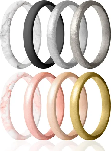 Vista 4 de ROQ - Anillo de boda de silicona para mujer, delgado apilable, bisel en forma de cuchillo, 2.5 mm de ancho, 2 mm de grosor, negro, mármol Blanco