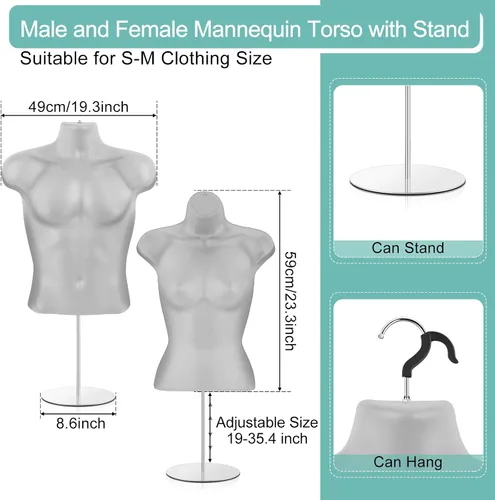 Vista 2 de Sintuff Paquete de 2 maniquíes masculinos y femeninos con soporte de metal, ganchos para colgar, forma de vestido, camisa con espalda hueca