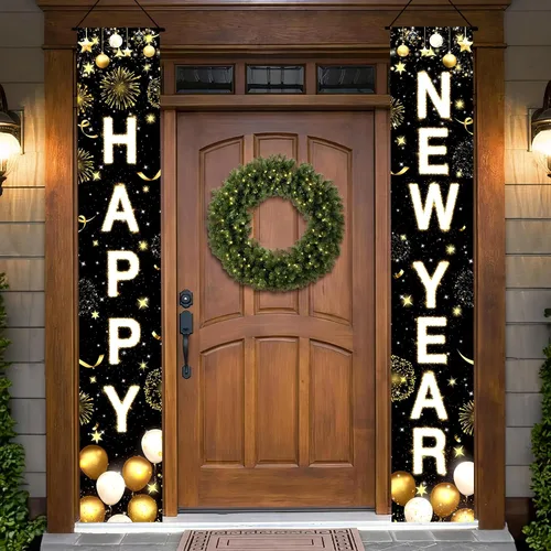 Vista 10 de KatchOn XtraLarge Pancarta de Feliz Año Nuevo 2026 – 72 x 12 pulgadas Pancarta de puerta de Feliz Año Nuevo negra y dorada para decoraciones