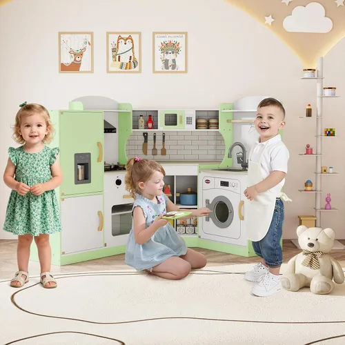 Vista 6 de KOTEK Cocina de juguete de madera para niños con sonido y luz, campana extractora, máquina de hielo, lavadora, microondas, horno, fregadero, traje