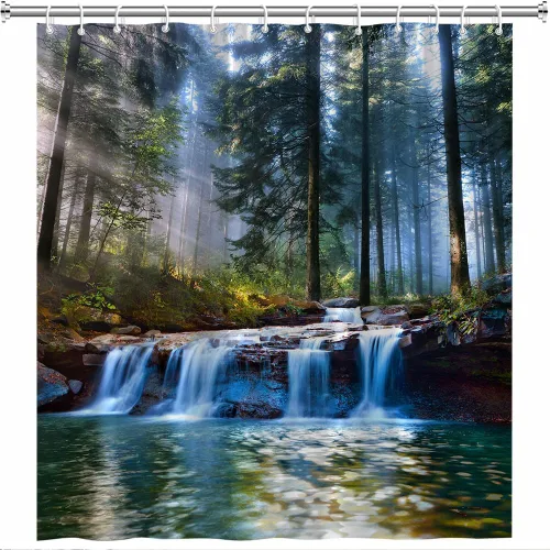 Vista 3 de Cortina de ducha de cascada para baño, bosque, escena de naturaleza, paisaje, cortina de ducha de primavera con temática de naturaleza, tela