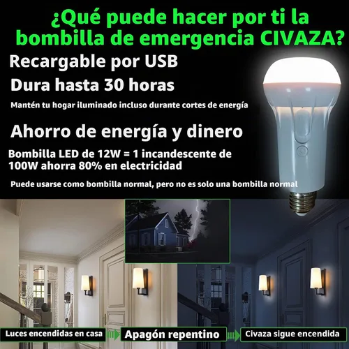 Vista 2 de Paquete de 2 bombillas recargables inalámbricas con carga USB remota, 12 W, funciona con pilas, 30 horas de larga vida de emergencia para corte