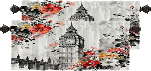 Vista 41 de Cortinas opacas de cocina con pintura al óleo de Europa rosa y negra para ventanas, cenefas opacas modernas de torre Eiffel de poliéster multicapa