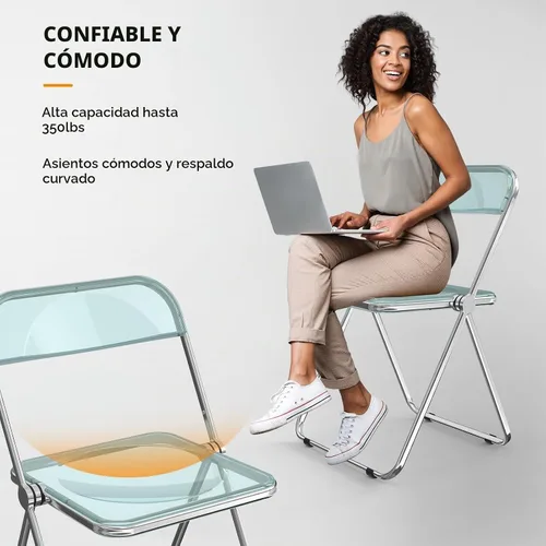 Vista 5 de VINGLI Paquete de 2 sillas plegables de acrílico, silla transparente plegable y apilable, panel de plástico y marco cromado de metal, capacidad
