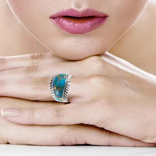 Vista 2 de Anillo turquesa de plata de ley 925 con piedras preciosas auténticas, tamaño 6 a 11