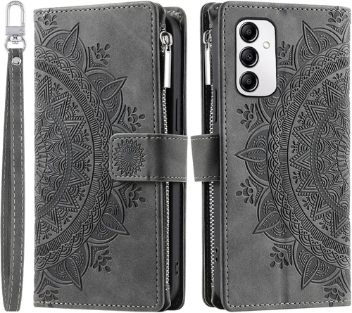Vista 5 de Asuwish Funda para teléfono Samsung Galaxy A14/M14 5G con protector de pantalla de vidrio templado y correa para la muñeca Mandala Flower Flip Gris