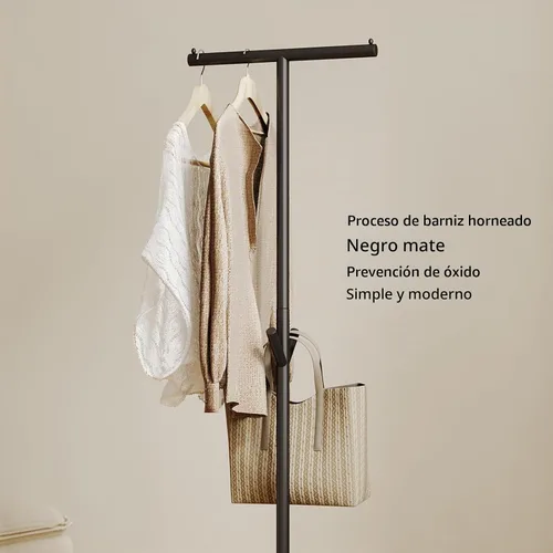 Vista 5 de Perchero moderno de pie, perchero de metal con base geométrica de hierro fundido y ganchos, soporte de percha en forma de T para abrigos, sombreros