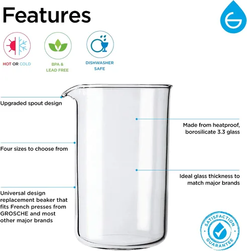 Vista 5 de GROSCHE Vaso universal de vidrio de repuesto para prensa francesa, jarra de vidrio de borosilicato 3.3 para café y té, resistente al calor, se