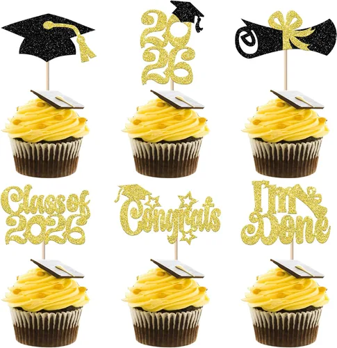 Vista 25 de Paquete de 24 adornos para cupcakes de graduación 2025 con purpurina I Am Done Diploma Felicidades Graduado Cap Cupcake Picks Class Of 2025