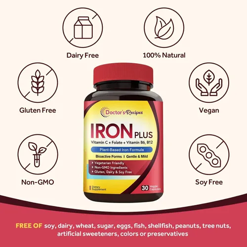 Vista 5 de Doctor's Recipes Suplemento de hierro para mujeres y hombres – Bisglicinato de hierro suave con vitamina C, B6, folato y B12, pastillas de hierro