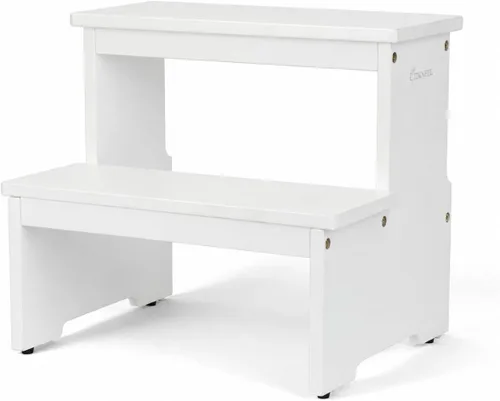 Vista 7 de StrongTek Taburete de bambú de dos escalones para adultos y niños, taburete de cama con parte inferior antideslizante, resistente para cocina, baño