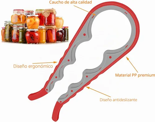 Vista 5 de Abridor de Frascos, Kit Abridor de Latas y Botellas Multifunción 5 en 1 con Mango de Silicona Fácil de Usar para Niños, Ancianos y Personas con Rojo