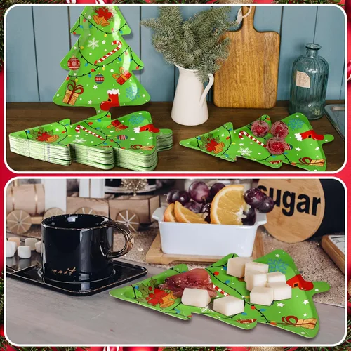 Vista 6 de 100 platos de papel de postre de Navidad de 11 x 7.9 pulgadas, platos de postre desechables en forma de árbol de Navidad, plato de cena de papel