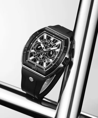 Vista 9 de Paras - Reloj de pulsera para hombre Tonneau impermeable para hombre, cronógrafo de lujo, analógico, con correa de silicona y fecha, Plata, oro