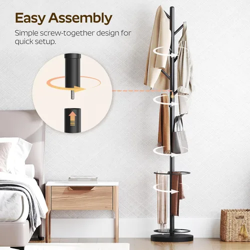 Vista 5 de Perchero independiente con soporte para paraguas, perchero con 8 ganchos, árbol de abrigo resistente para entrada, perchero moderno, soporte