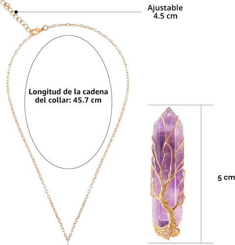 Vista 2 de VIBILIA - Collar con dije sanador para mujeres y hombres, piedra natural hexagonal en punta envuelta con alambre en forma del árbol de la vida