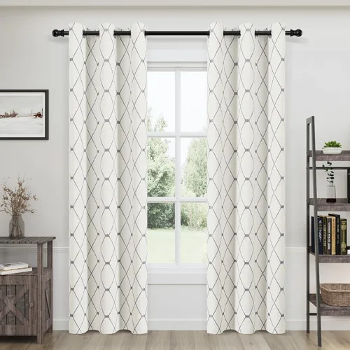Vista 23 de Joywell Cortinas jacquard con ojales para sala de estar, 108 pulgadas de largo, línea ondulada negra con patrón de puntos, cortinas bordadas