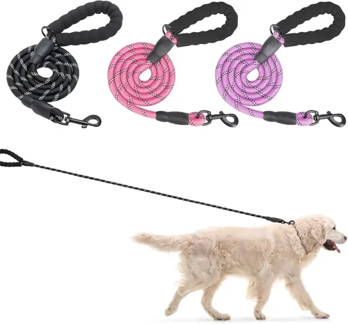 Vista 11 de BEAUTYZOO Paquete de 3 correas de cuerda resistente para perros, correa de nailon para mascotas de 6 pies con hilo reflectante, mango acolchado